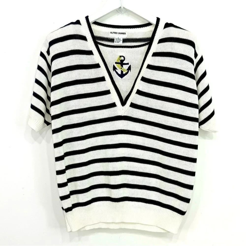 Alfred Dunner White Blue Stripe Anchor Embroidered Neck Retro Fisherman Sweater